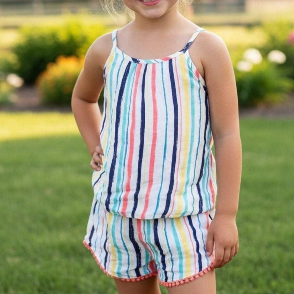Epic Threads 2-Piece Set Girls Size Large Multi Color Summer Beach Pom Pom Trim